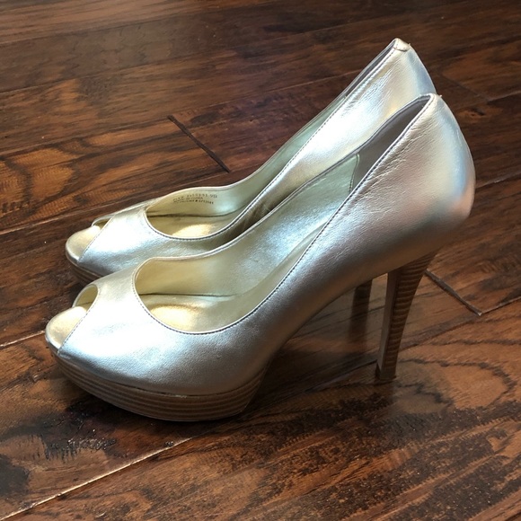 Cole Haan Metallic Gold Peep Toe Heels - Picture 10 of 16